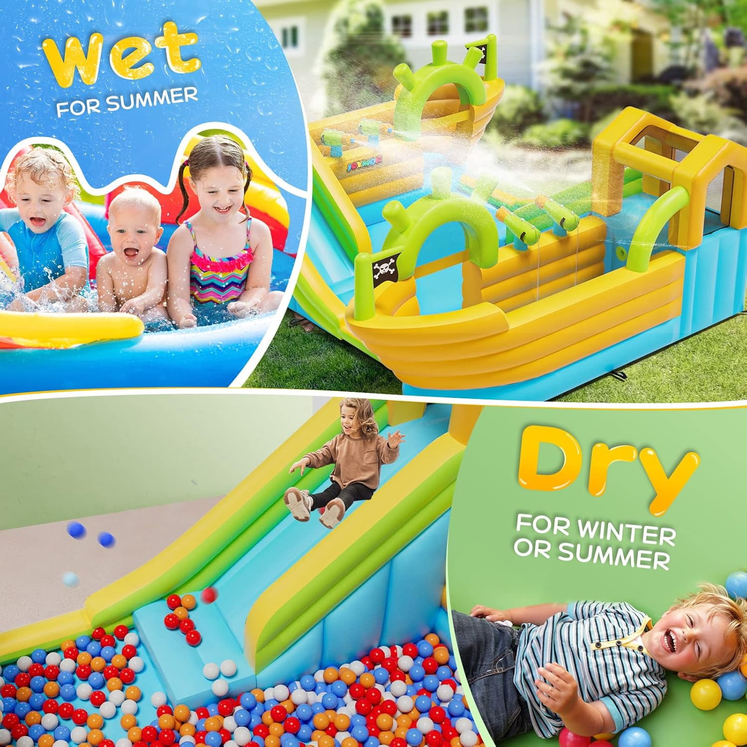 JOYMOR Inflatable Bounce House with 2 Pirate-Boat Water Slide Bounce House，4 Water Cannons, Air Blower, Up to 6 Kids
