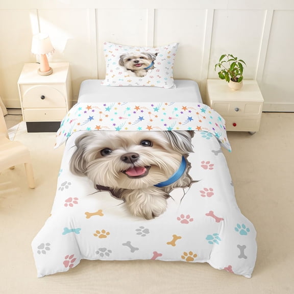 Homewish Cute Maltese Dog Twin Duvet Cover,Kawaii Paw Print Twin Bedding,White,Colorful Stars Reversible,2 Pieces,1 Duvet Cover and 1 Pillowcase