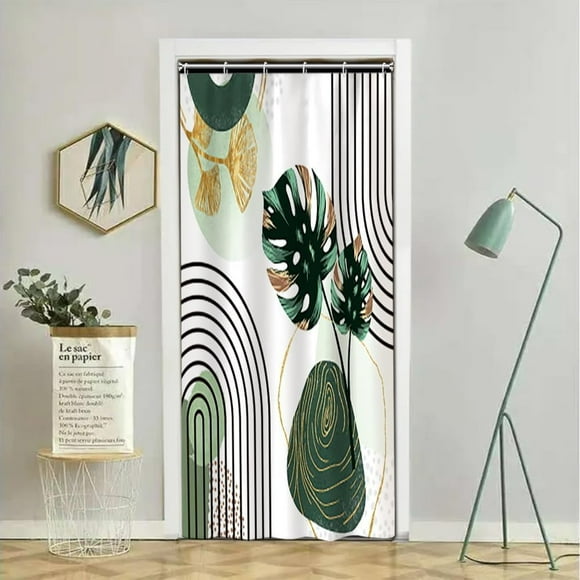 Mid-Century Boho Green Palm Gold Ginkgo Leaf Shower Curtain - Abstract Arch Decorative Bath Curtain, Polyester Fabric, Waterproof, Includes Hooks, 36x72 Inch, Ideal for Modern and Elegant Bathrooms
