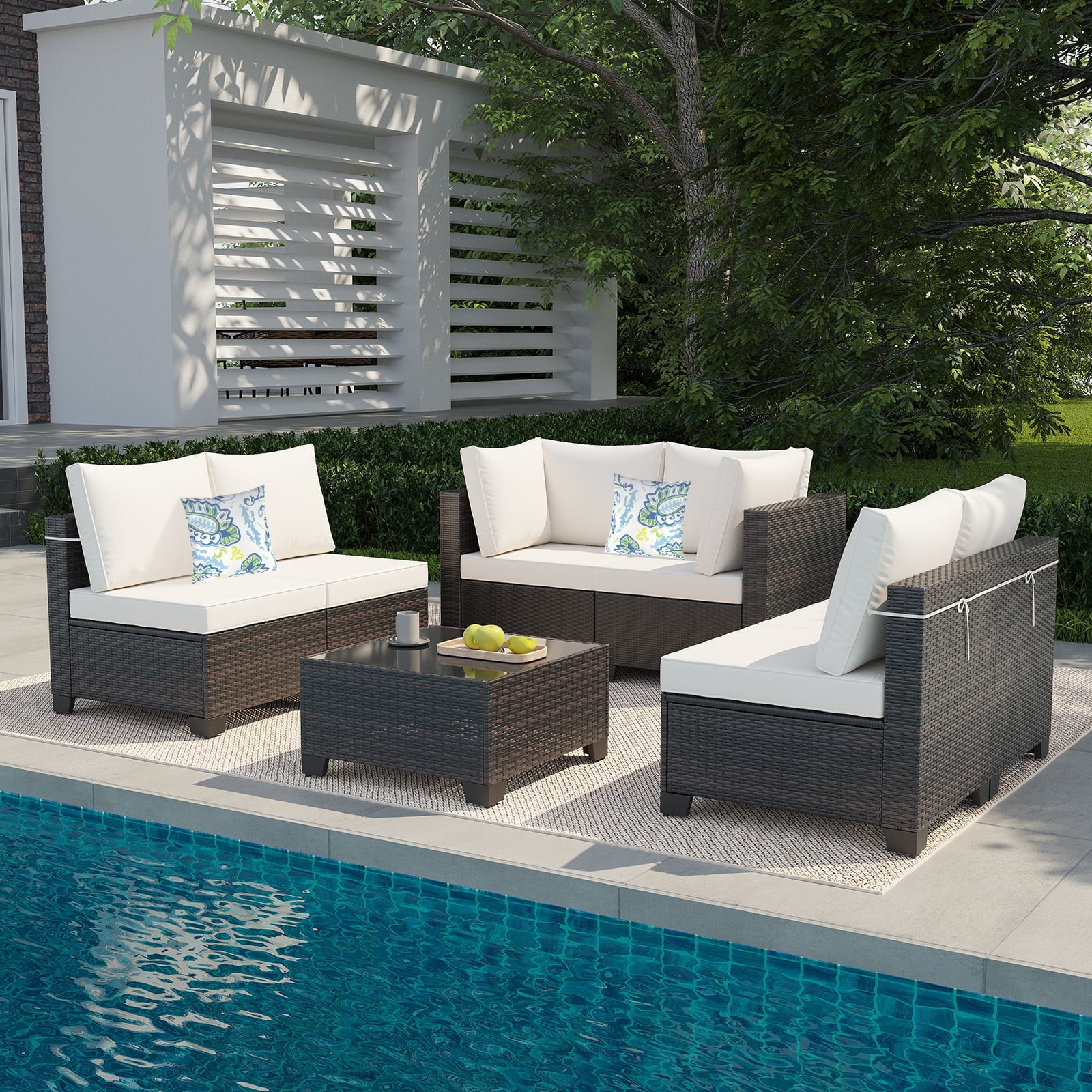 ZXRLHX 7-Piece Wicker Rattan Patio Conversation Set with Steel Frame and Coffee Table, Brown/Beige