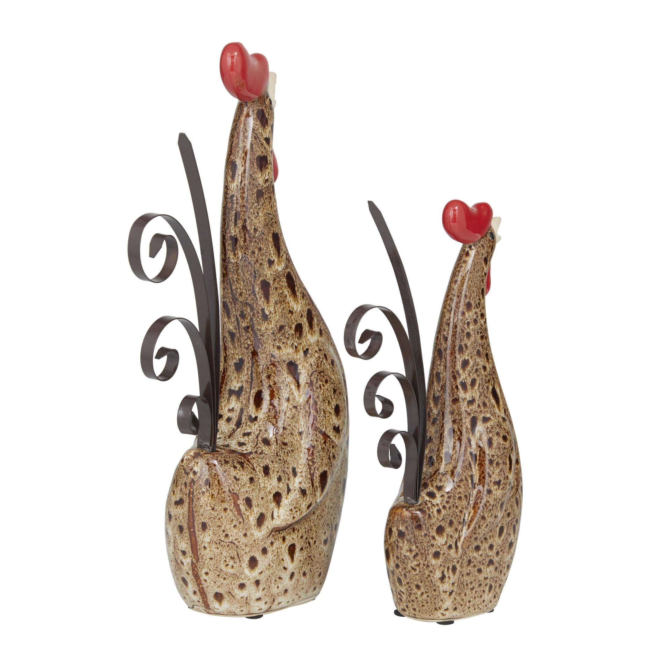 DecMode 10" Indoor Outdoor Standing Rooster Garden Sculpture with Reactive Glaze Finish (2 Pack)