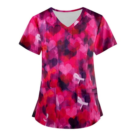 

QAZXD Womens Tops Women s Fashion V-neck Short Sleeve Scrub Tops With Pockets Printed Tops