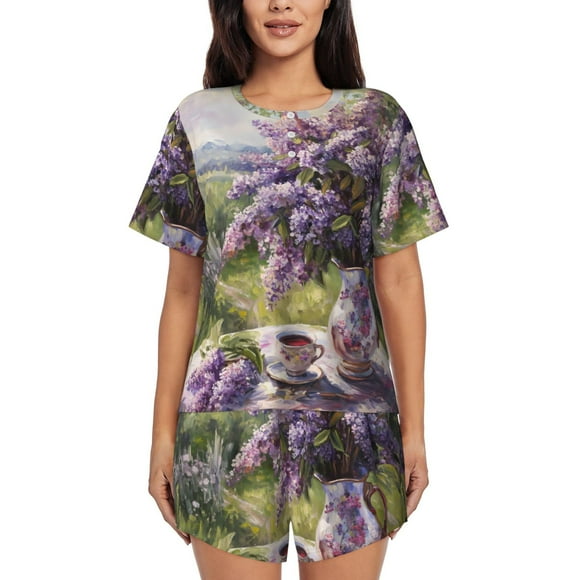 Fotbe Lilacs Teapot Scenic Painting Conjunto de Pijama Estampado para Mujer, 2 Piezas, Ropa de Dormir con Camiseta de Manga Corta y Shorts Suaves-Small