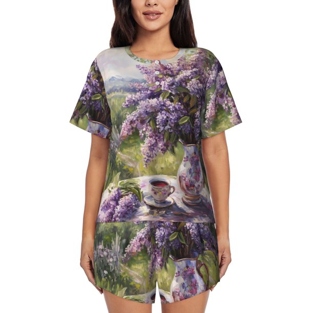 Fotbe Lilacs Teapot Scenic Painting Conjunto de Pijama Estampado para Mujer, 2 Piezas, Ropa de Dormir con Camiseta de Manga Corta y Shorts Suaves-3X-Large