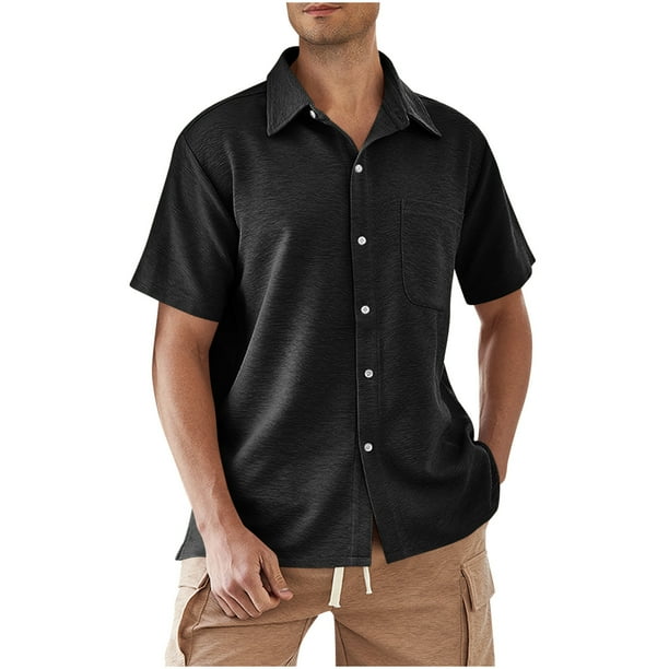 Mens Casual Manga Corta Botón Abajo Camisas, Verano de Moda de Color Sólido de Bolsillo para Casual Y Fiesta