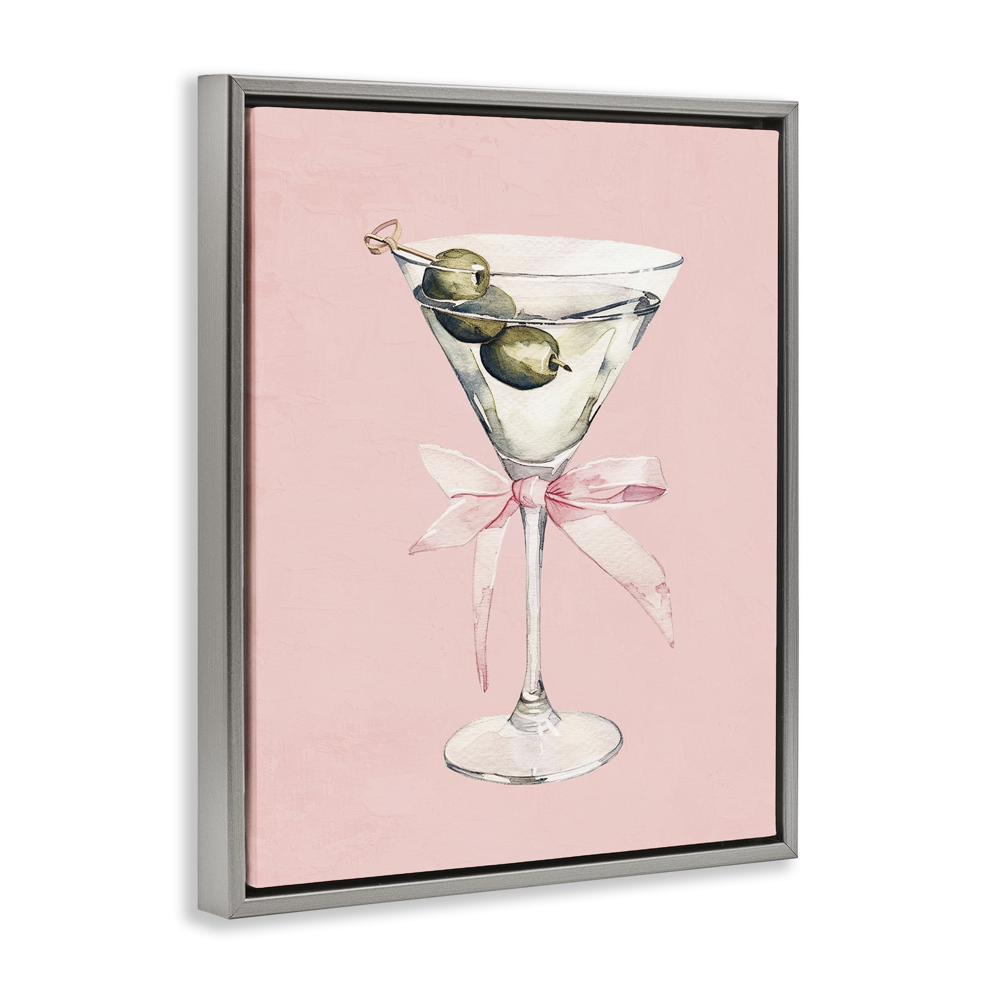 Stupell Industries Martini with Pink Bow Gray Framed Floater Canvas Wall Art, design by Kim Allen