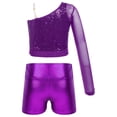 thumbnail image 2 of YONGHS Girls Jazz Hip Hop Dance Outfits Sequins One Shoulder Crop Top with Shorts Set Purple 16, 2 of 7
