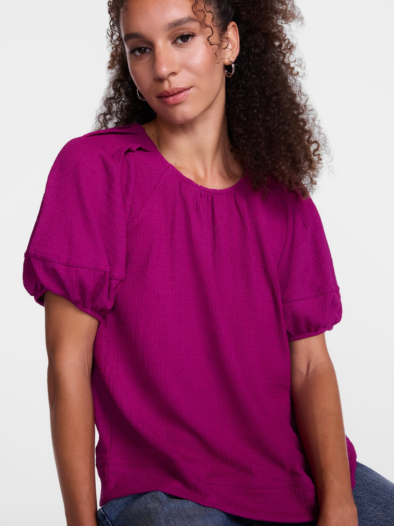 Scenario Women's Textured Top with Short Puff Sleeves, Sizes XS-XXXL