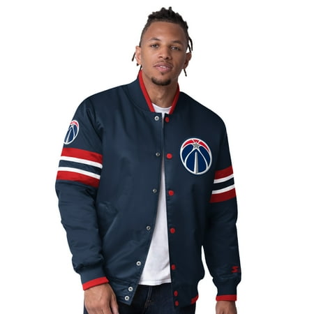 Men s Starter Navy Washington Wizards Scout Varsity Satin Full-Snap Jacket