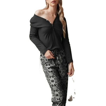 

Women s Pajama Sets Black and White Casual Geometric V neck Pant Sets Long Sleeve