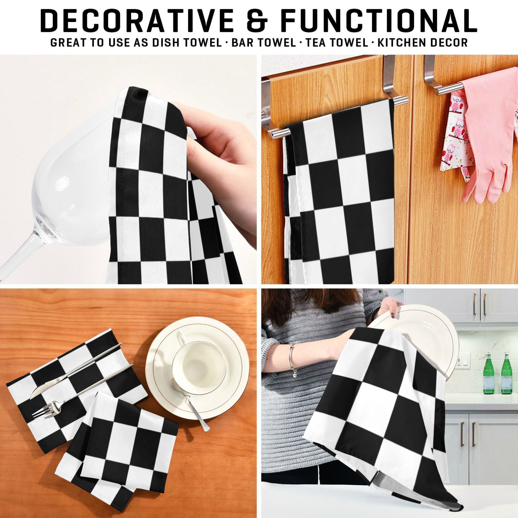 Qxltty Black and White Checkered Kitchen Towels 28 x 18 Inch Set of 6 Soft Cotton Linen Feel Dish Towels with Hanging Loop for Drying, Cleaning & Decor