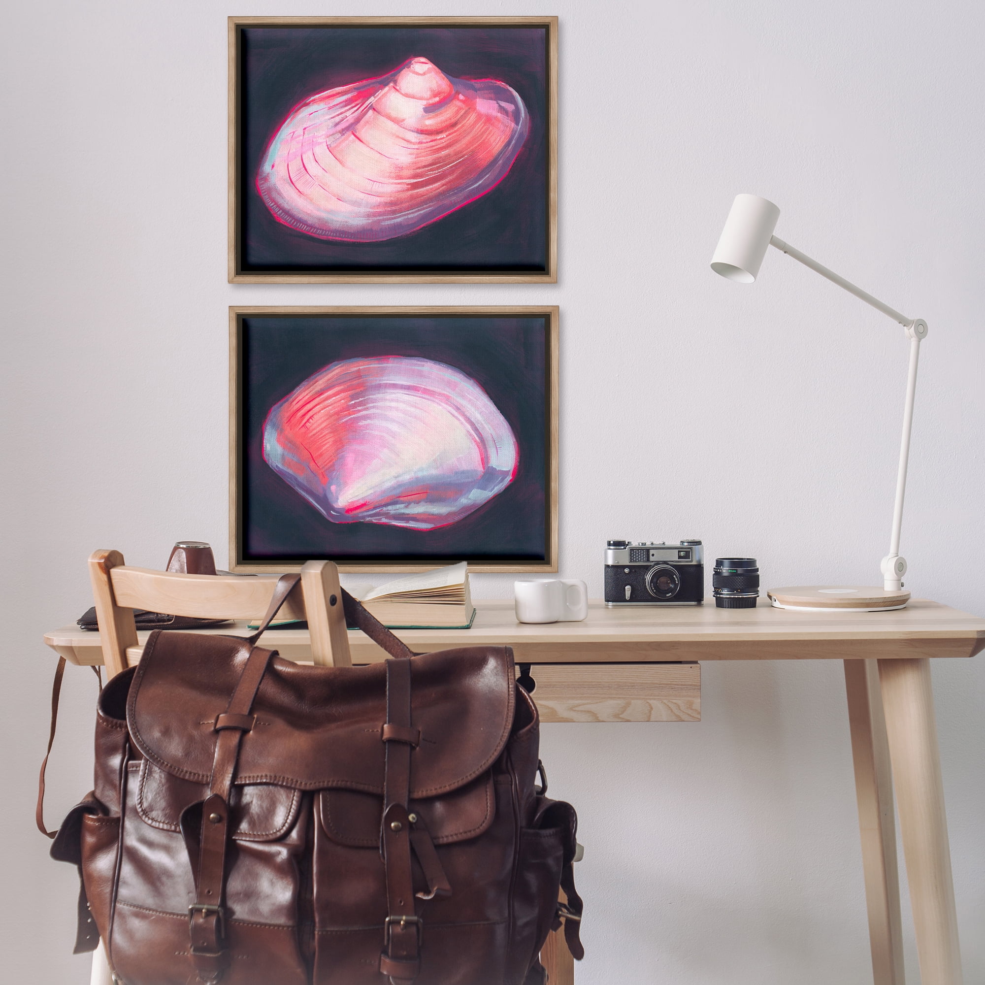 Stupell Industries Pink Clam Shells Nautical & Beach Painting Brown Floater Framed Canvas Art Print Wall Art, 31 x 25, Set of 2