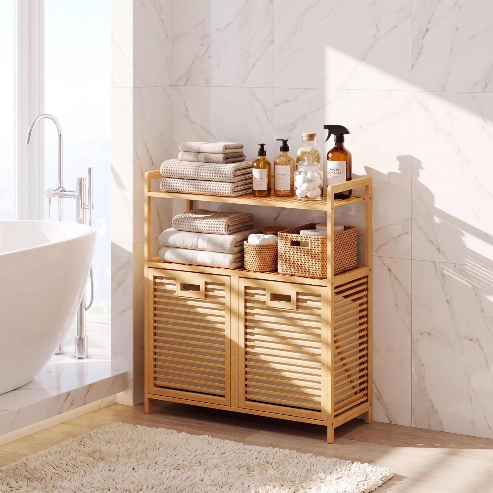 Vebreda Laundry Hamper with 2 Removable 7-Gallon Baskets, Double Tilt-Out Laundry Hamper Cabinet with 2 Open Shelves, Natural Bamboo