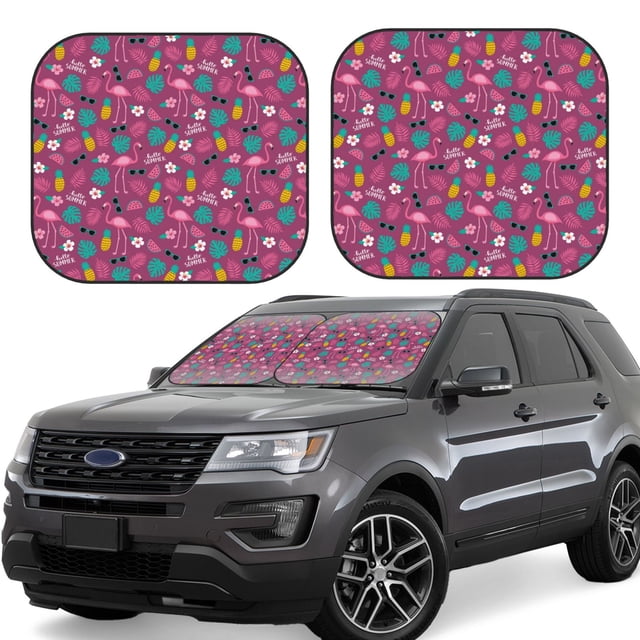 Fotbe Summer Flamingo Juego de 2 Piezas de Parasoles para Parabrisas | Bloqueador Solar para Auto | Accesorios Plegables para Protección Solar Interior-Small