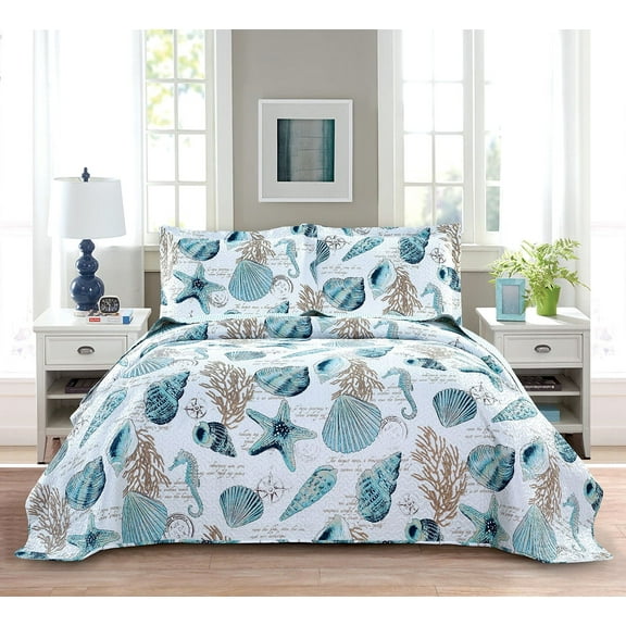 Smuge 3Pcs Queen/Full Size Sea shell Quilt Sets, Soft Lightweight Microfiber Bedding Bedspreads Reversible Coverlet, 1 Quilt & 2 Pillow Shams (Blue)