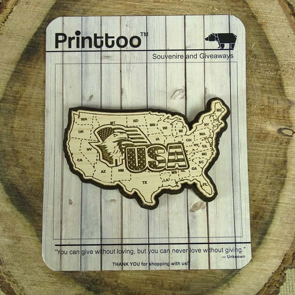 USA Map Wood Engraved Fridge Magnet Souvenir Gift