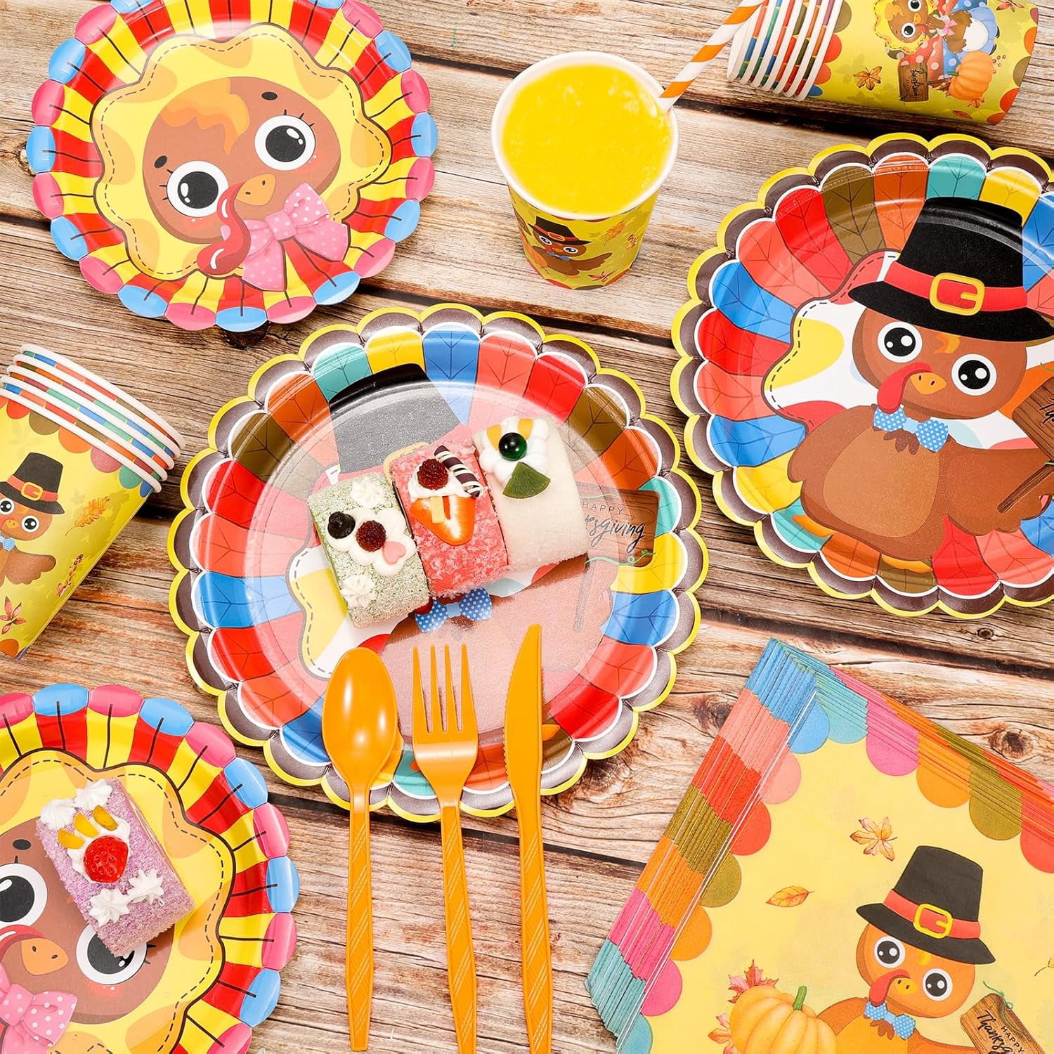 Thanksgiving-Party-Set | 142-teilig | Mit Tellern, Servietten, Tischdecke & Banner | Für 20 Gäste | Truthahn-Design