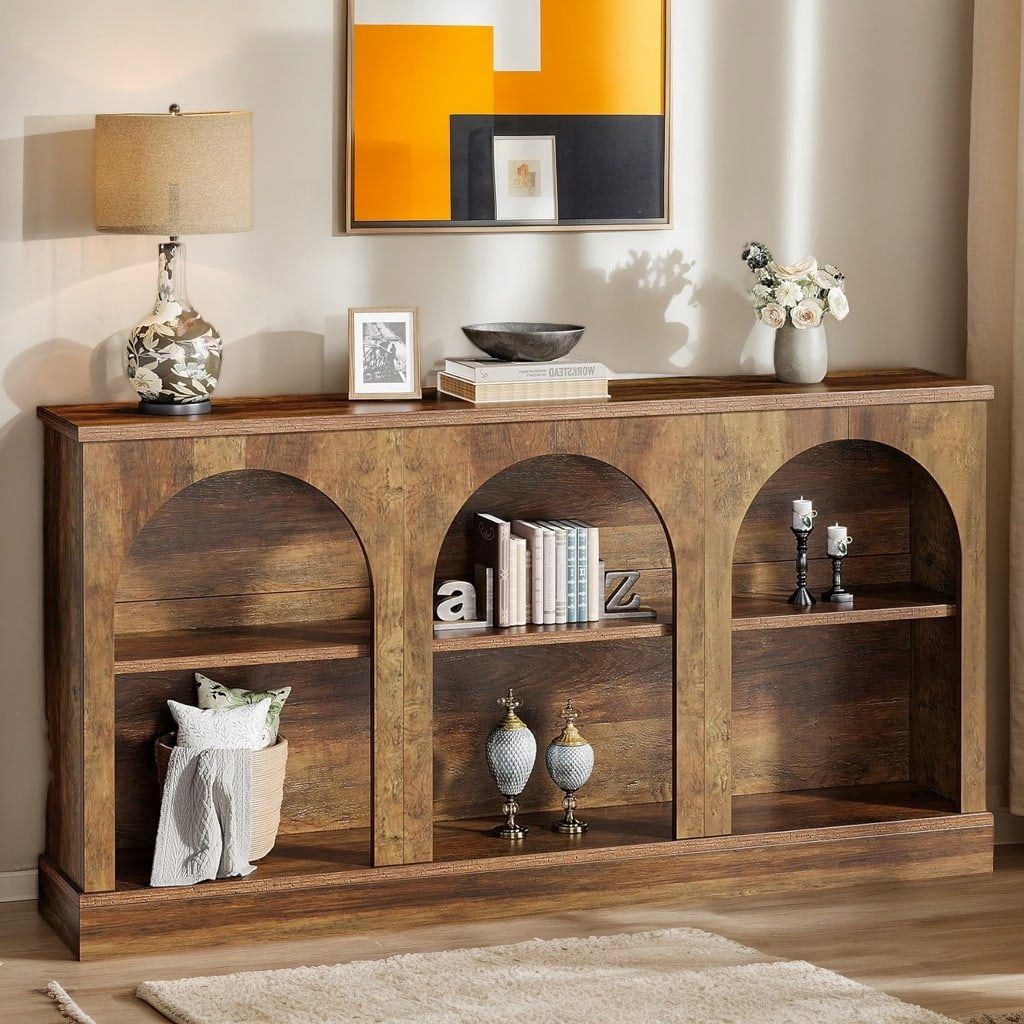 Resenkos 3-Tier Storage Console Table, Rustic Entryway Decor, Space-Saving Home Accessory, Sturdy Farmhouse Style, Rustic Brown
