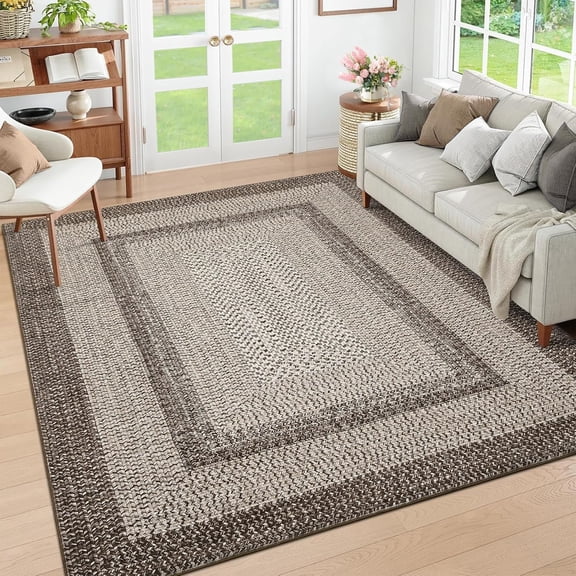 5x7 Braided Print Bordered Area Rug, Non Slip Washable Low Pile Stain Resistant Carpet for Living Room Bedroom,Camel