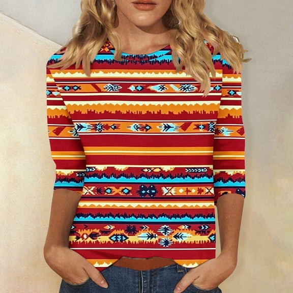 SOOMLON Womens 3/4 Length Sleeve Tops Plus Size Tunic Cotton Vintage Tops Casual Crew Neck Shirts Funny Ethnic Graphic T Shirts 2025 Trendy Spring Summer Ladies Tops Loose Fit Outfits Pullover XL