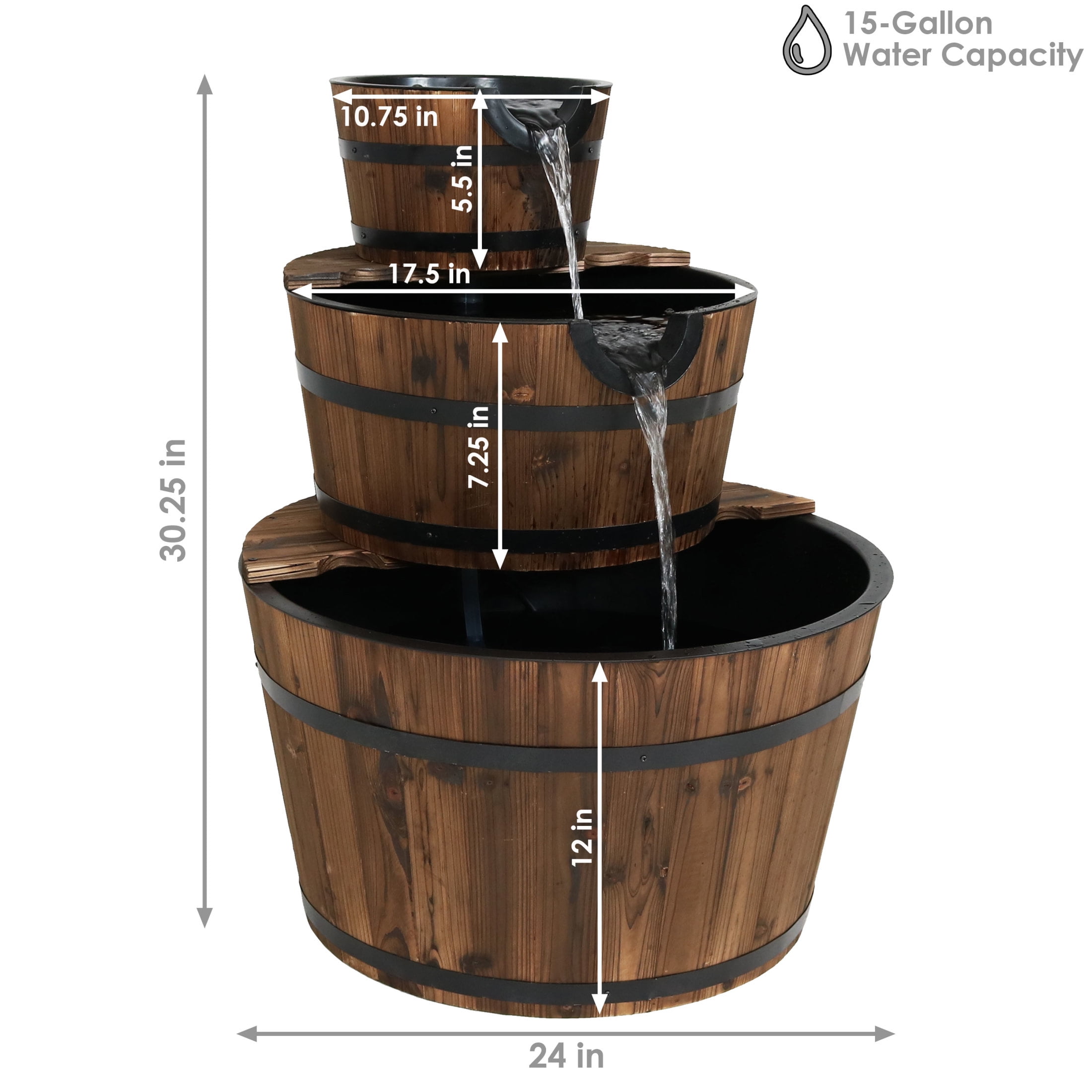 Sunnydaze Wood Barrel Brown 3-Tier Outdoor Water Fountain