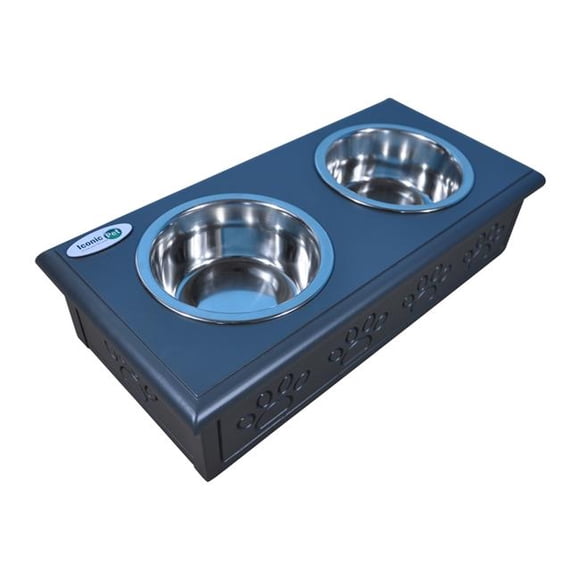 Iconic Pet 52072 Sassy Paws Wooden Pet Double Diner with Stainless Steel Bowls, Charcoal Gray - Small