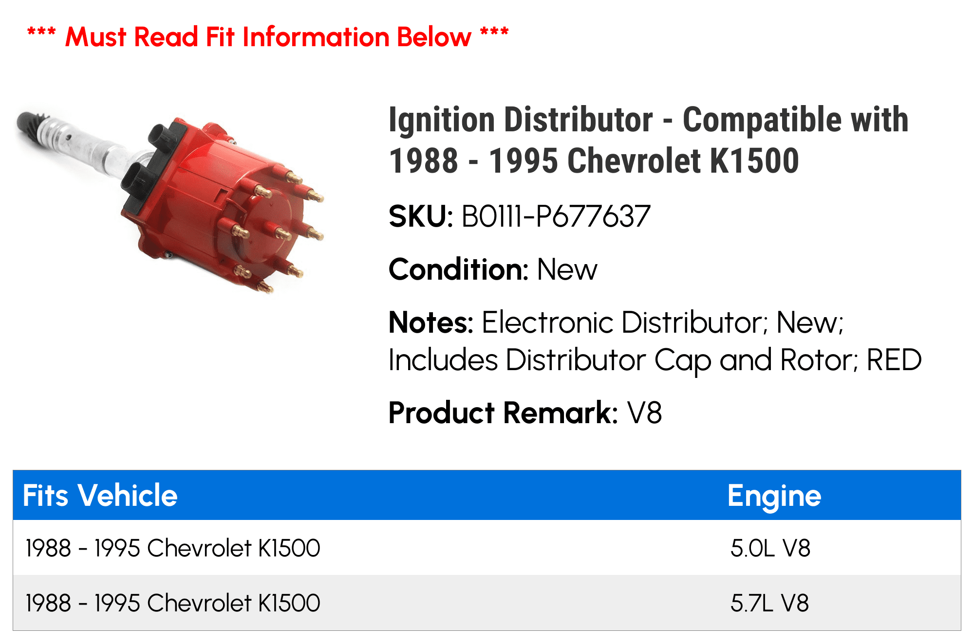 Ignition Distributor - Compatible with 1988 - 1995 Chevy K1500 1989 1990 1991 1992 1993 1994
