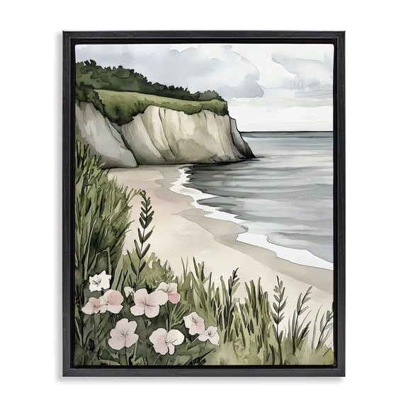 Stupell Industries Tropical Coastal Calm with Floral Blooms Black Floating Frame Canvas Art, 17 x 21, by Riley B
