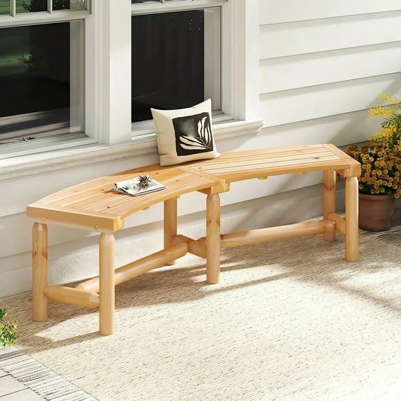 Auranook Patio Curved Bench, Solid Wood Fire Pit Bench for 2-3 People, Outdoor Backless Loveseat for Backyard, Garden, Poolside