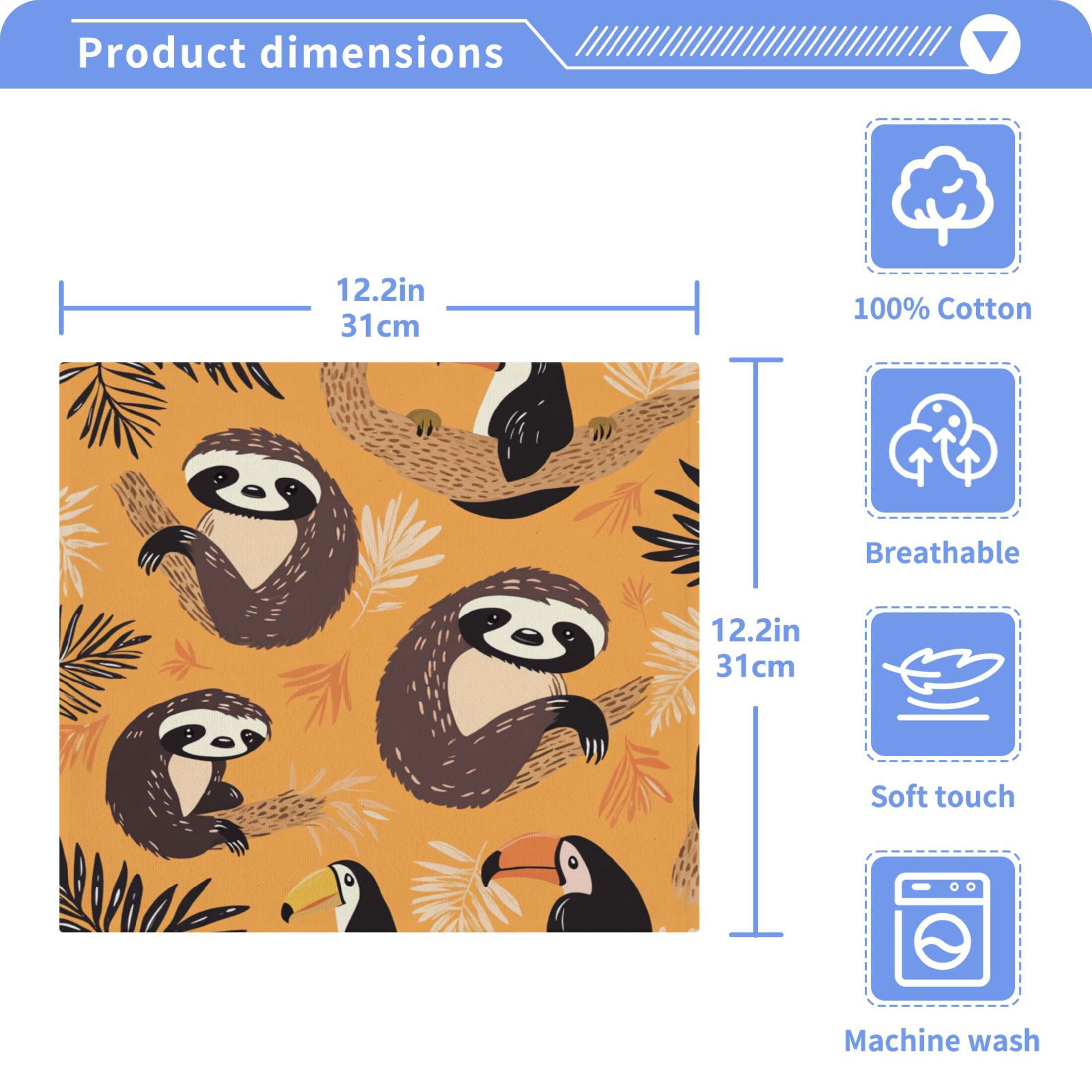 A Pattern with Cute Sloth and Toucan in The Jungle 100% Cotton Face Towel 12x12in Soft Absorbent Washcloth Durable Printed Hand Towels for Bathroom Travel 6 Pcs