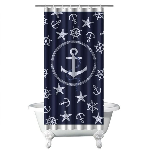 Compass Nautical Shower Curtain Featuring Anchor, Boat, Sea, Seaside Coastal Marine Ocean Waves and Lighthouse Pattern, Map Design, Waterproof Fabric Curtain with Hooks