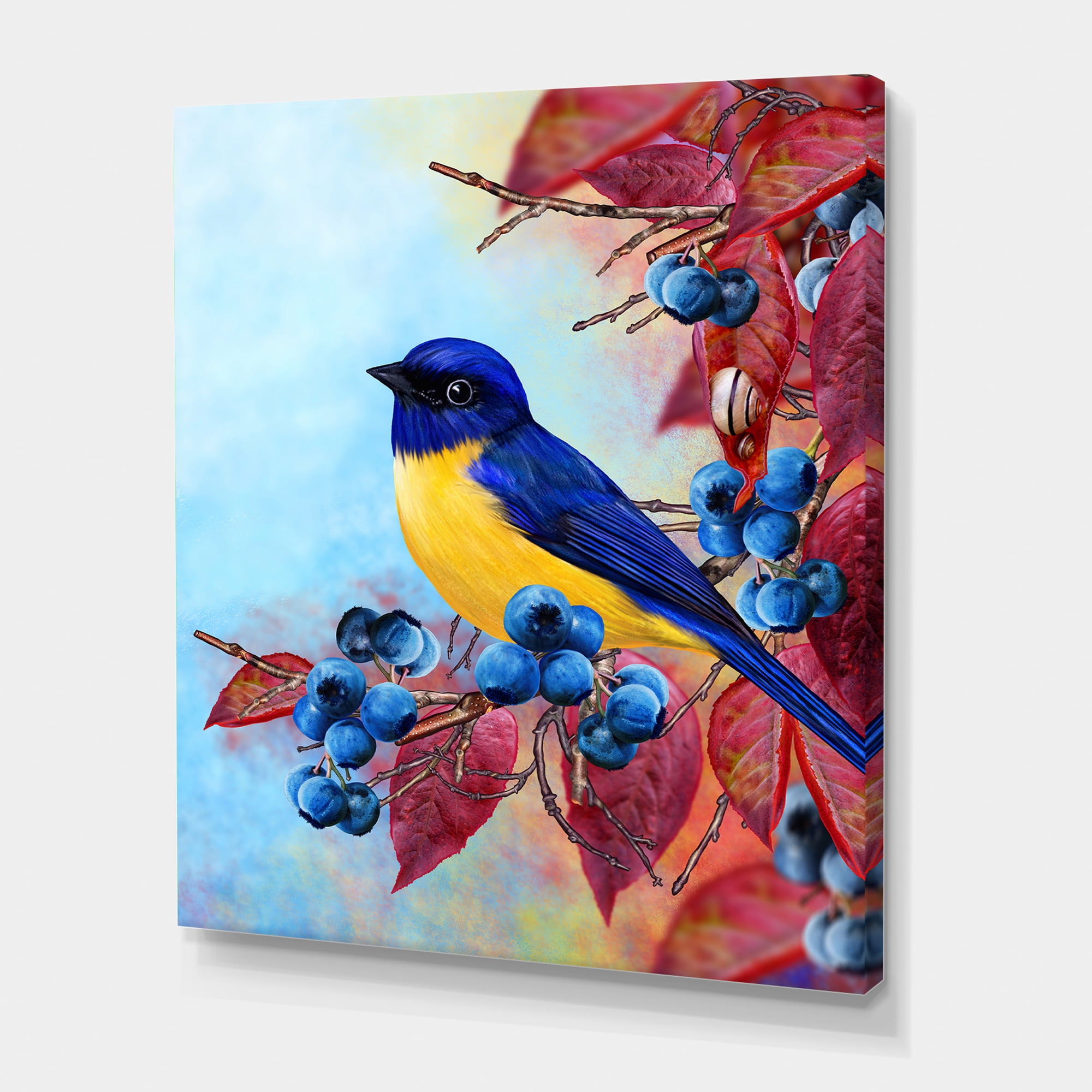 Designart ' Bright Bird Bullfinch Sitting On A Branch of Berries I ' Traditional Canvas Wall Art Print