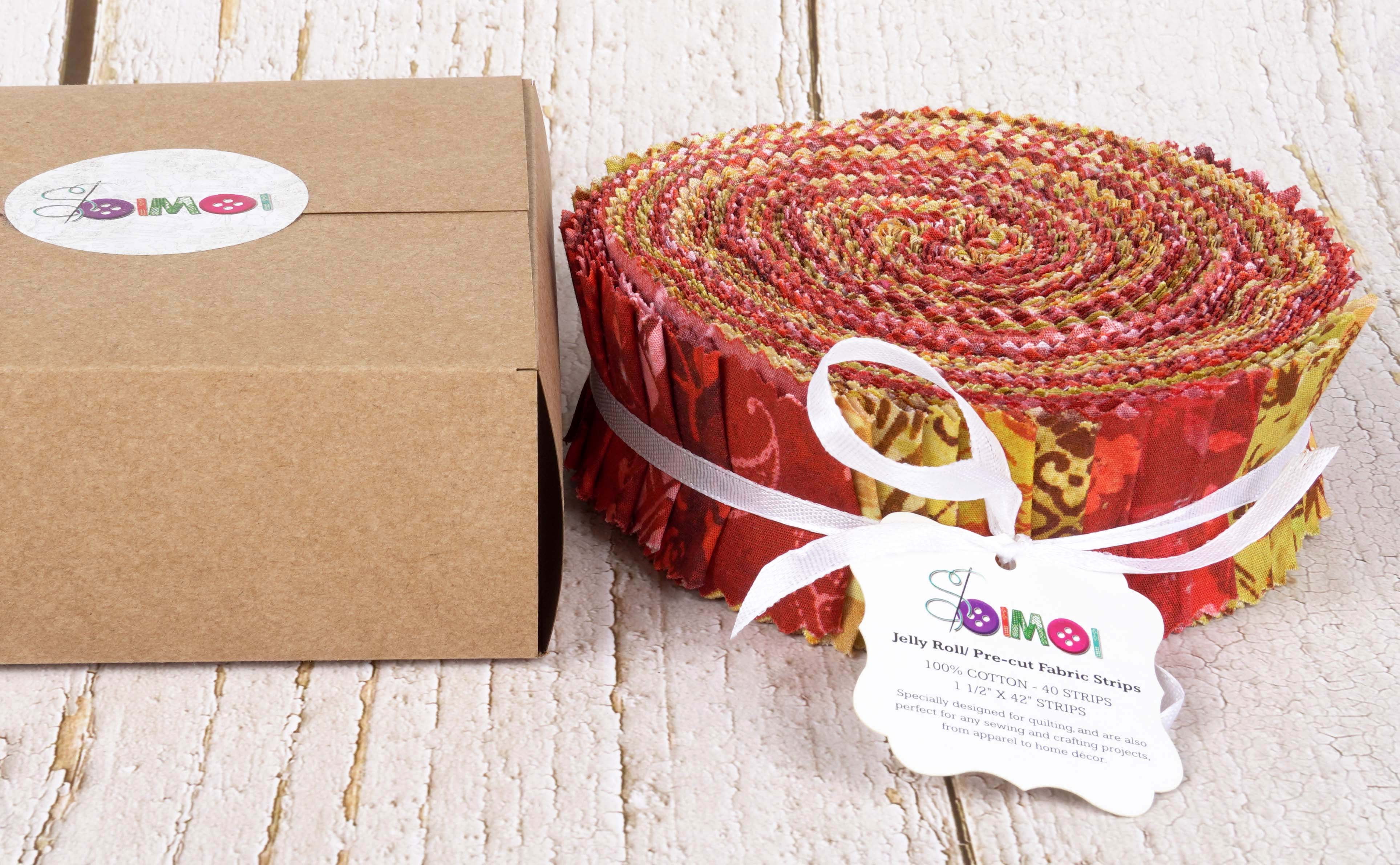 Soimoi 40Pcs Batik Print Precut Fabrics Strips Roll Up 1.5x42inches Cotton Jelly Rolls For Quilting - Red