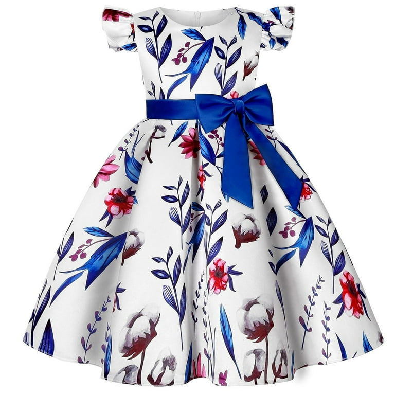 HuaAngel Girls Dress Floral Print Children's Dress Clothing Flying Sleeve  Princess Dress Crew Neck Dress Bow Knot Dresses