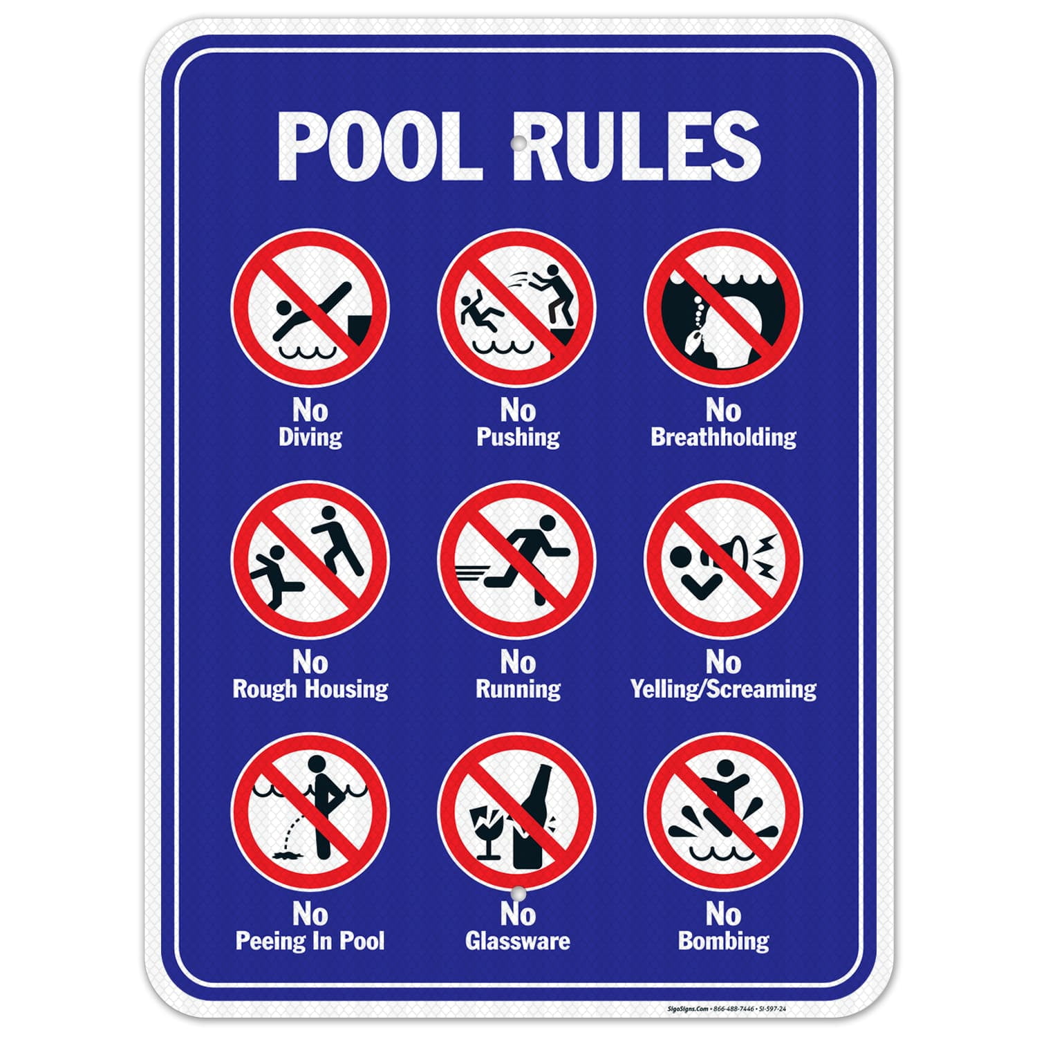 Pool Rules Sign, No Diving No Pushing No Running No Peeing in Pool