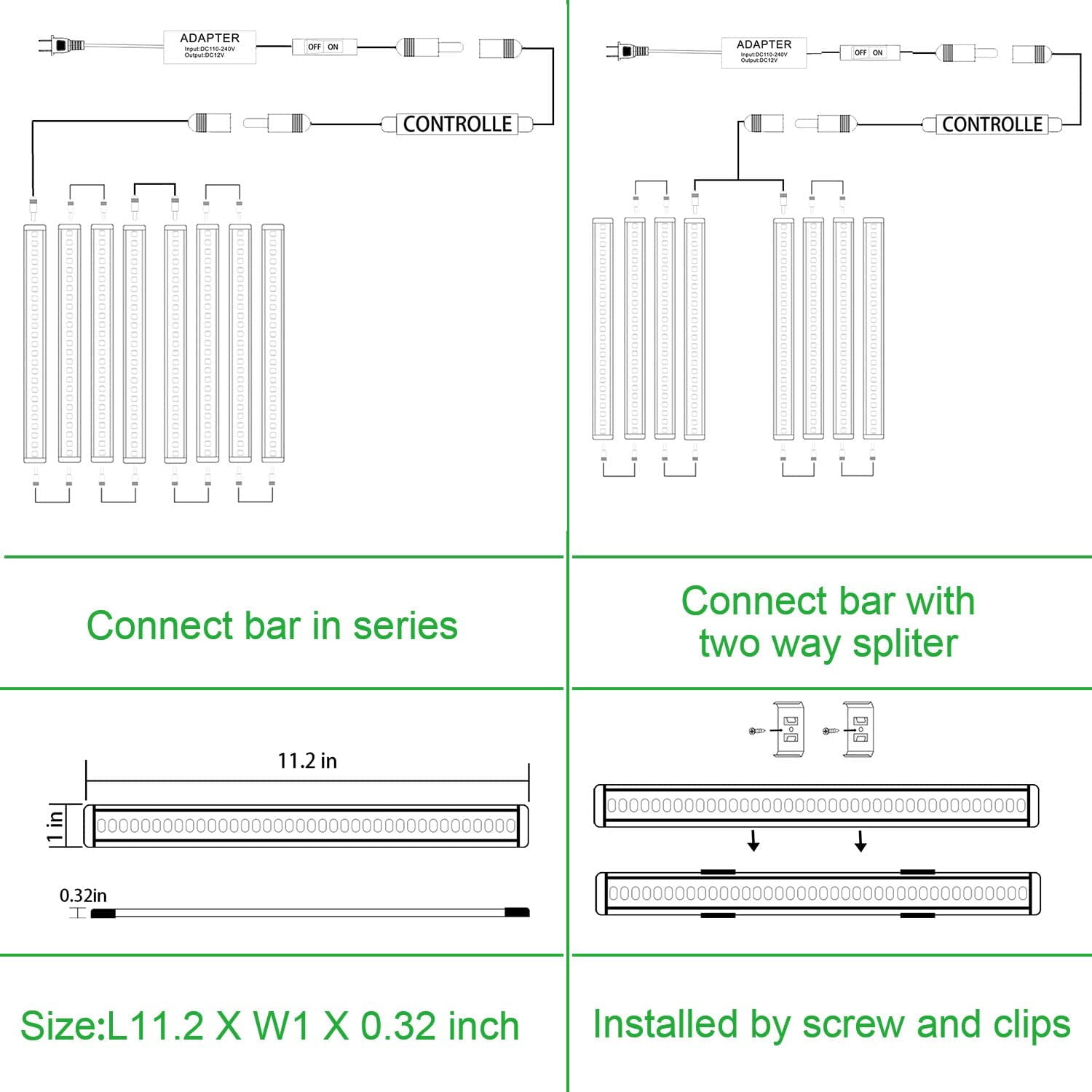 AIBOO LED Under Cabinet Lighting Kit, Plug in Strip Lights with Dimmer Switch（24w,8 lights)