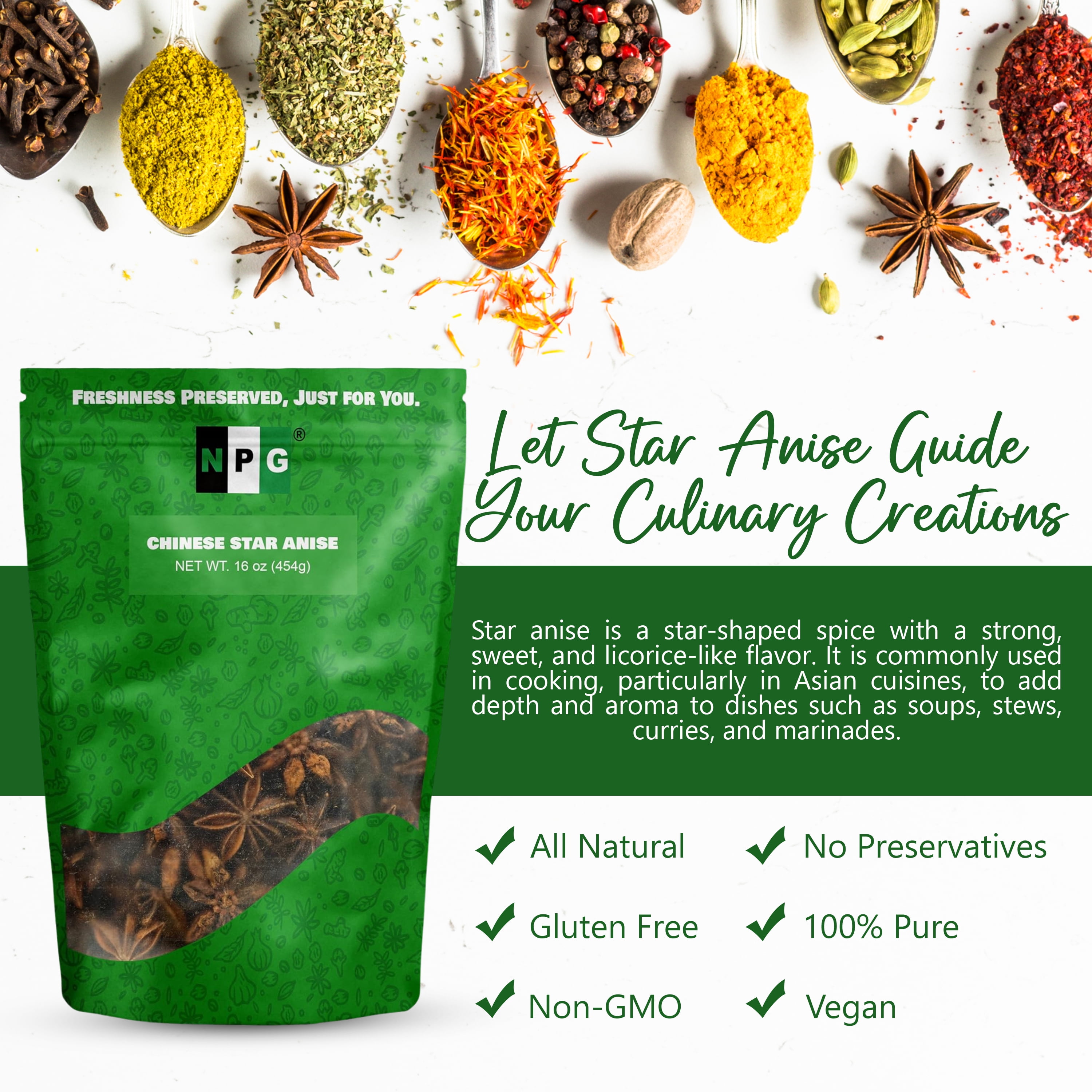 NPG Whole Star Anise Seeds Pods 16 Ounces, 100% Natural Whole Chinese Anise Star Pods Sun Dried Spice, Anis Estrella/Badian Khatai/ Illicium Verum, Widely Used for Baking, Cooking, and Tea