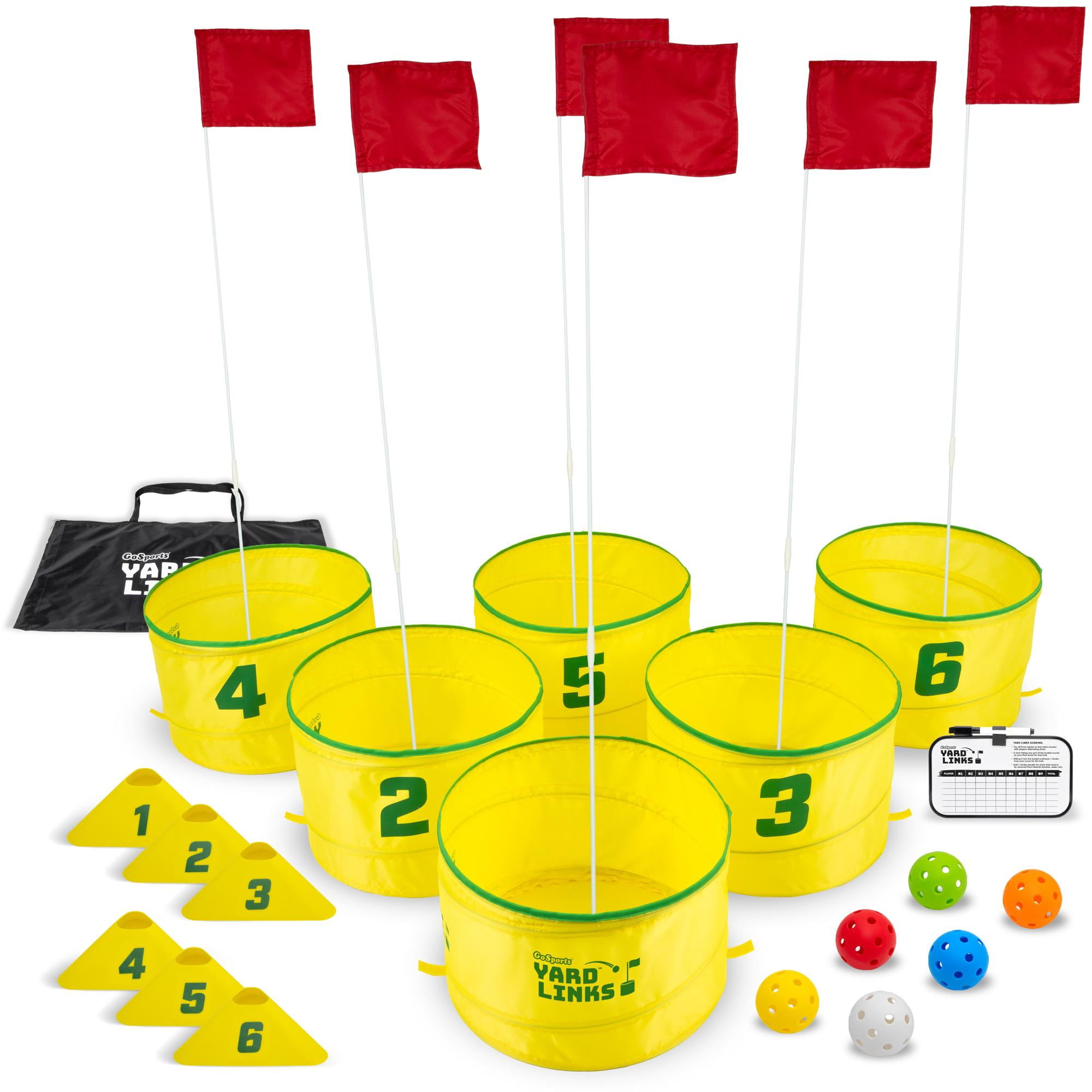 GoSports Yard Links Golf Game with 6 Buckets, Backyard Practice Golfer Game, Tee Markers and 6 Balls