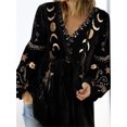 thumbnail image 3 of Blusa de mujer con estampado vintage de estrellas y lunas, cuello en V, manga larga, puños elásticos, ropa de calle, primavera y otoño, camiseta holgada de terciopelo, 3 of 4