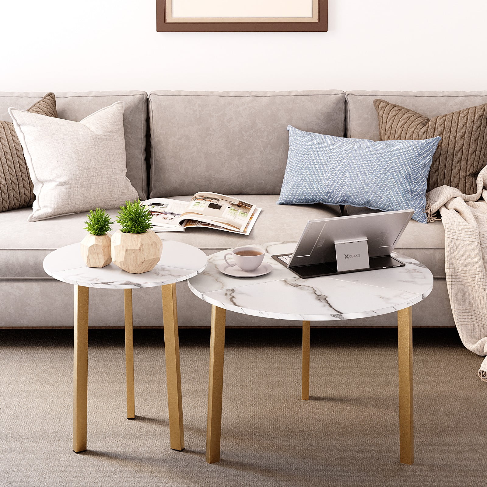 COSIEST Nesting Coffee Table Set of 2, Round Side Tables for Living Room, Space-Saving Design