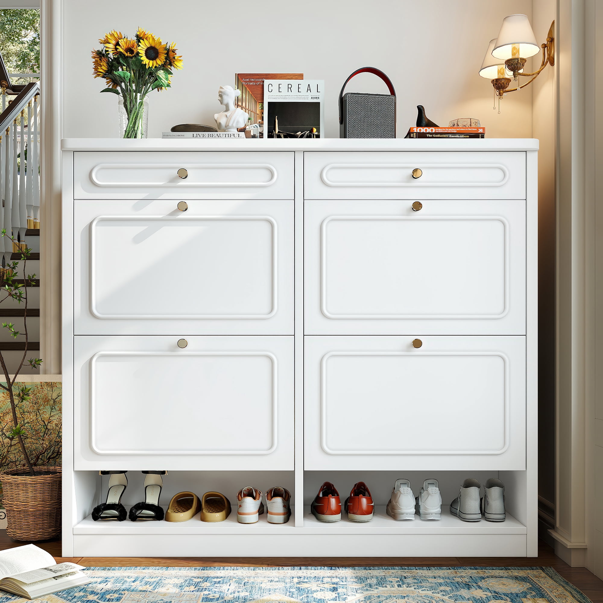 Jopath Shoe Cabinet with 4 Flip Drawers and 2 Storage Drawers,Farmhouse Wooden Sturdy Shoes Rack Organizer for Hallway,Closet,Living Room,Bedroom,White