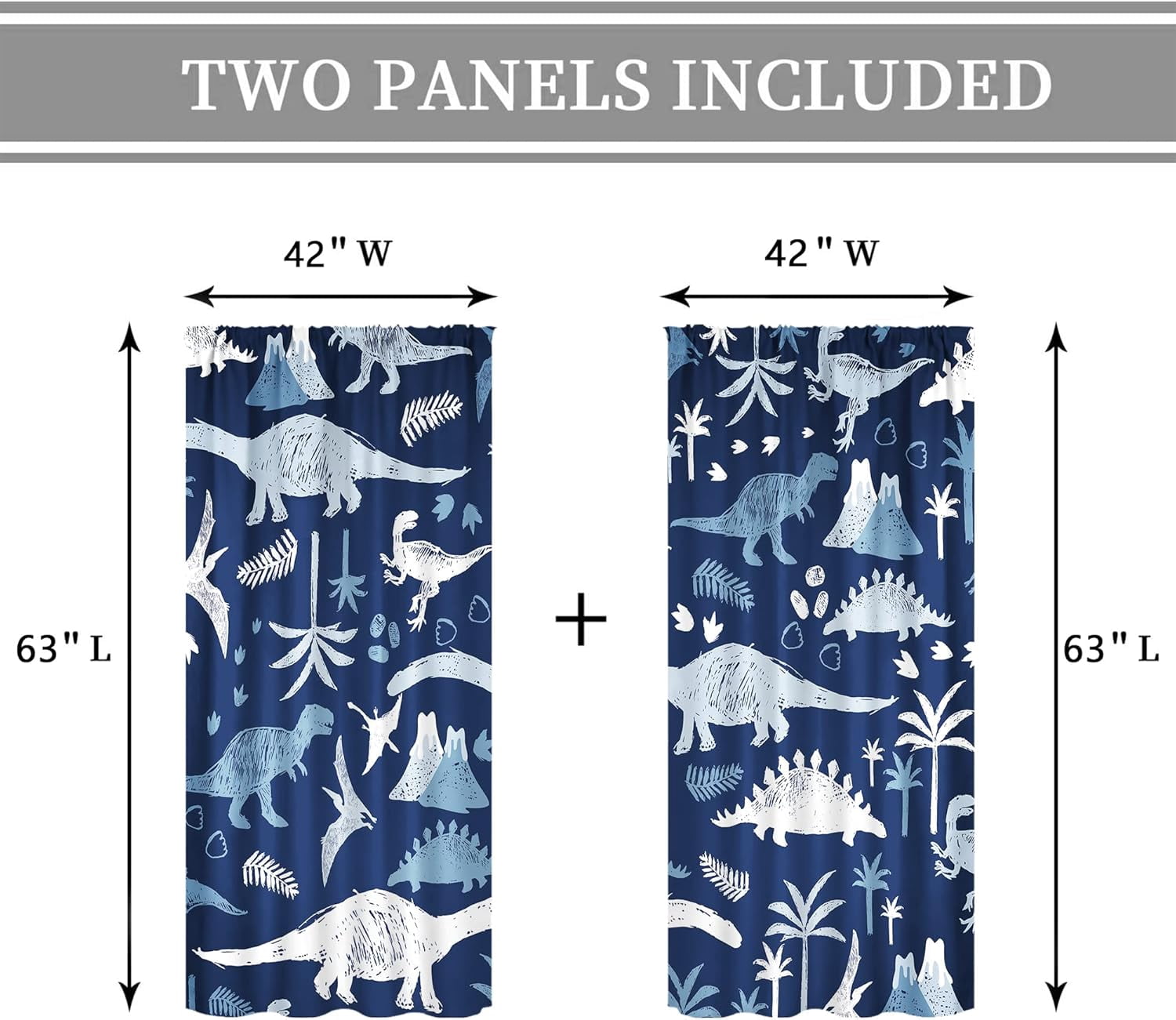Cartoon Kids Blue Grey Dinosaur Curtains 42Wx63H Inch Rod Pocket Boys Cute Dino Safari Wildlife Child Funny Animal Palm Tree Printed Living Room Bedroom Window Drapes Treatment Fabric 2 Panel