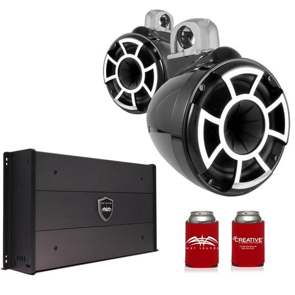 Wet Sounds REV8B-FC-SA 8" Black Tower Speakers with Silver Aluminum Fixed Clamps & SYN-DX2.3 1200 Watt Amplifier