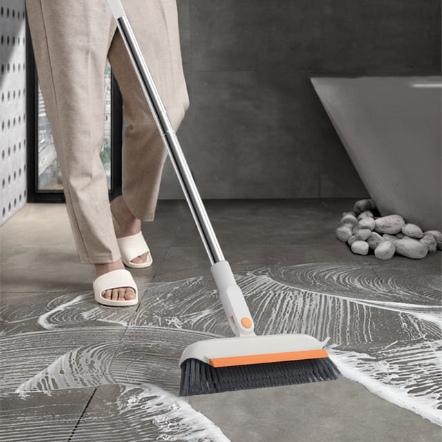 Floor Scrub Brush with Long Handle | Scrape & Brush Combo | Tub Tile Patio Wall Cleaning Tool | Plastic White Blue | Wet Dry Use | Anti-Scratch Bristles | 43.3 in Size | 1 Pack