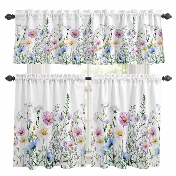 Spring Floral Kitchen Curtains Sets for Windows 36 Inch Length, Country Spring Floral Botanical Rod Pocket Window Treatments Tier Curtains and Valances Set for Bedroom/Bathroom