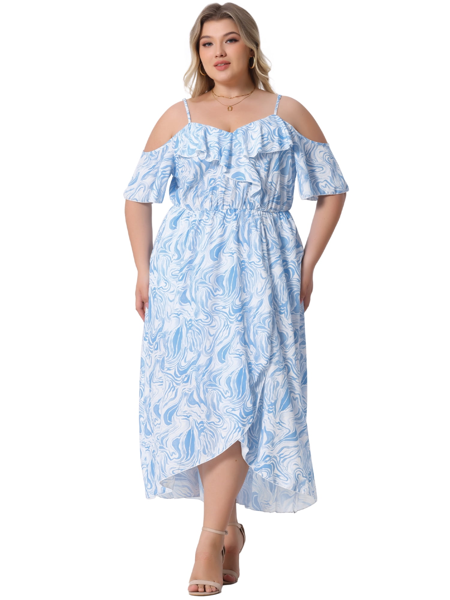 DARING DIVA Plus Size Short Sleeve Faux Wrap Summer Floral Dress 1X Light Blue