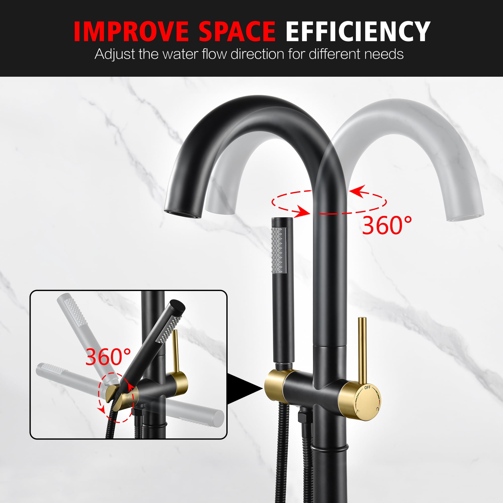 sumerain Floor Mounted Tub Faucet with Handheld, High Flow Freestanding Bathtub Faucet with Swivel Spout Black and Gold