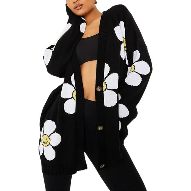 Txlixc Cárdigan con botones para mujer, ropa de abrigo con cuello en V con estampado de corazón/flor Txlixc moda