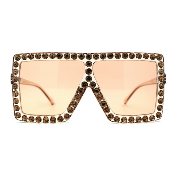 Rhinestone Rock and Roll Bling Oversize Flat Top Plastic Sunglasses Clear Beige