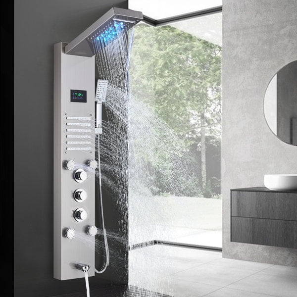 LED Shower Panel Column LED Hand Shower Waterfall Tower Massage Body Jets Bathroom Brushed Nickel